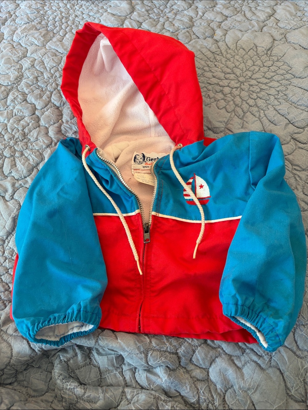Vintage Gerber Red and Blue Hooded Kids Jacket with Sailboat Patch